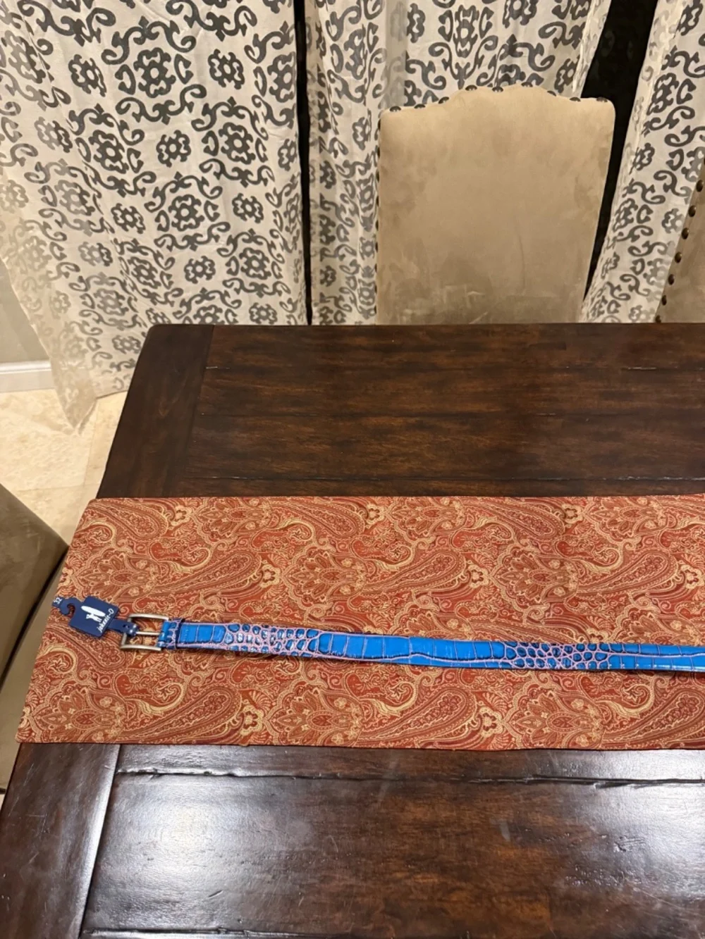 Johnnie-O Men's Size 32 Red/Navy Crocco Leather Belt MSRP $128